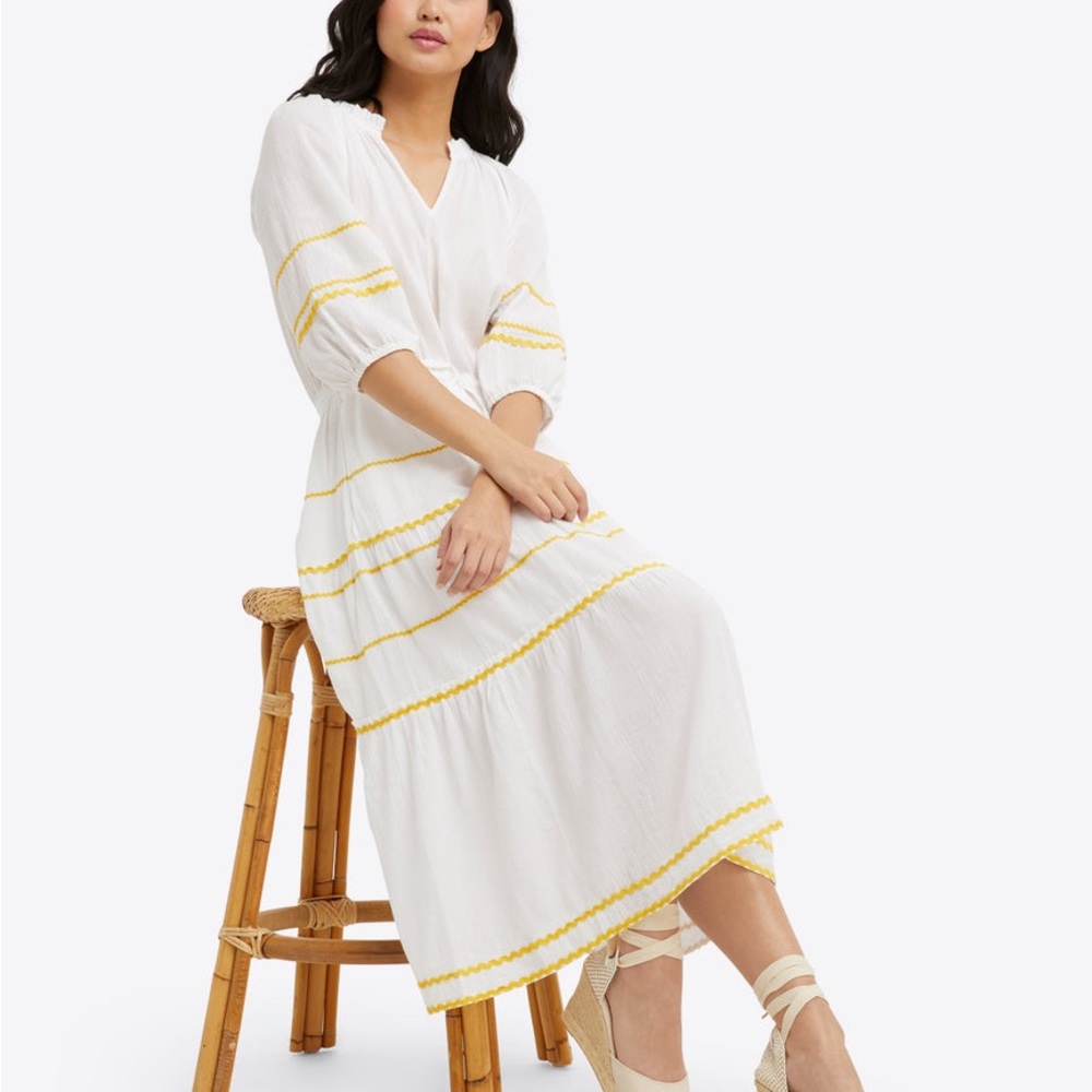 Draper James Martina Popover Cotton Midi Dress Size 1X Summer Ric Rac Yellow